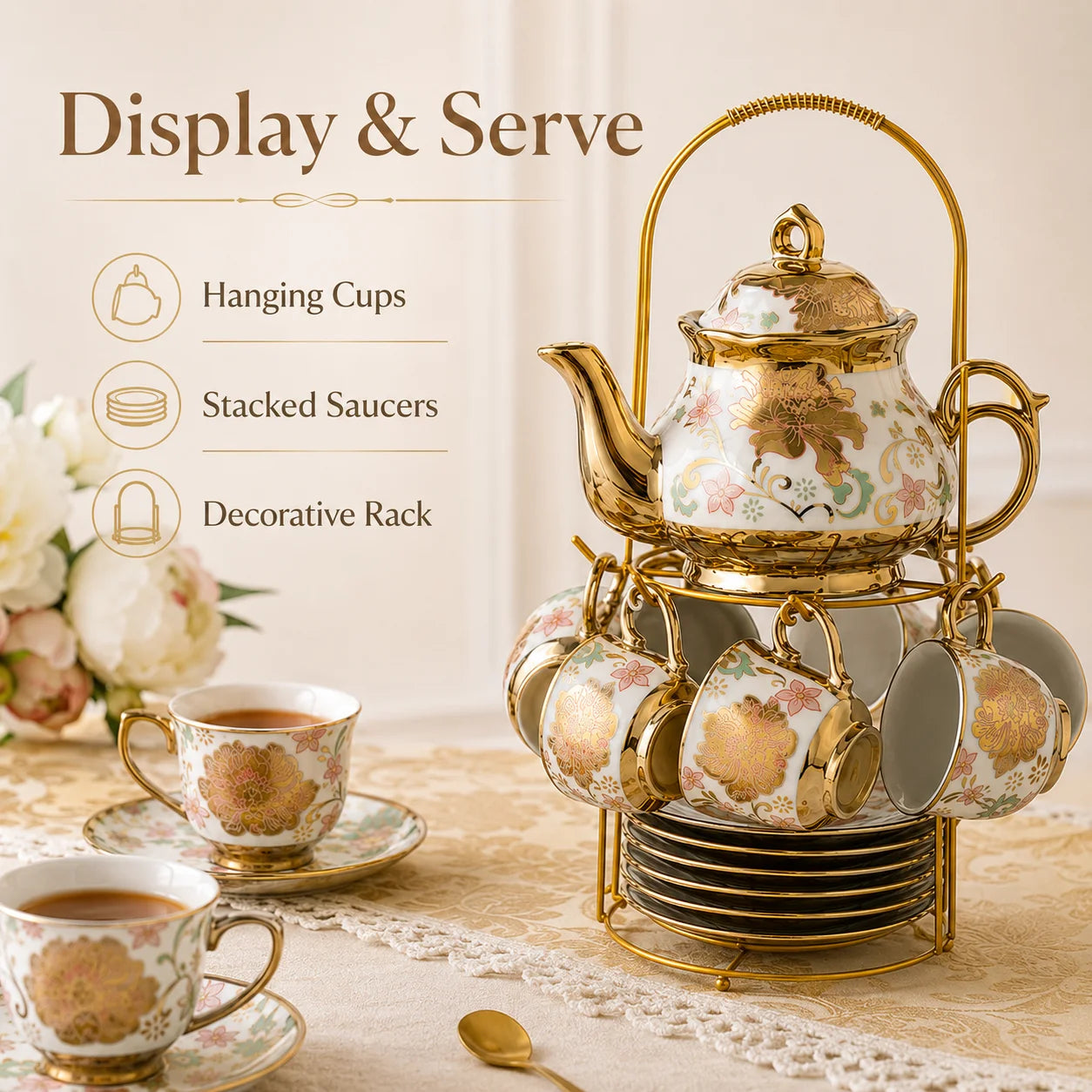 20-Piece Floral Gold Ceramic Tea Set