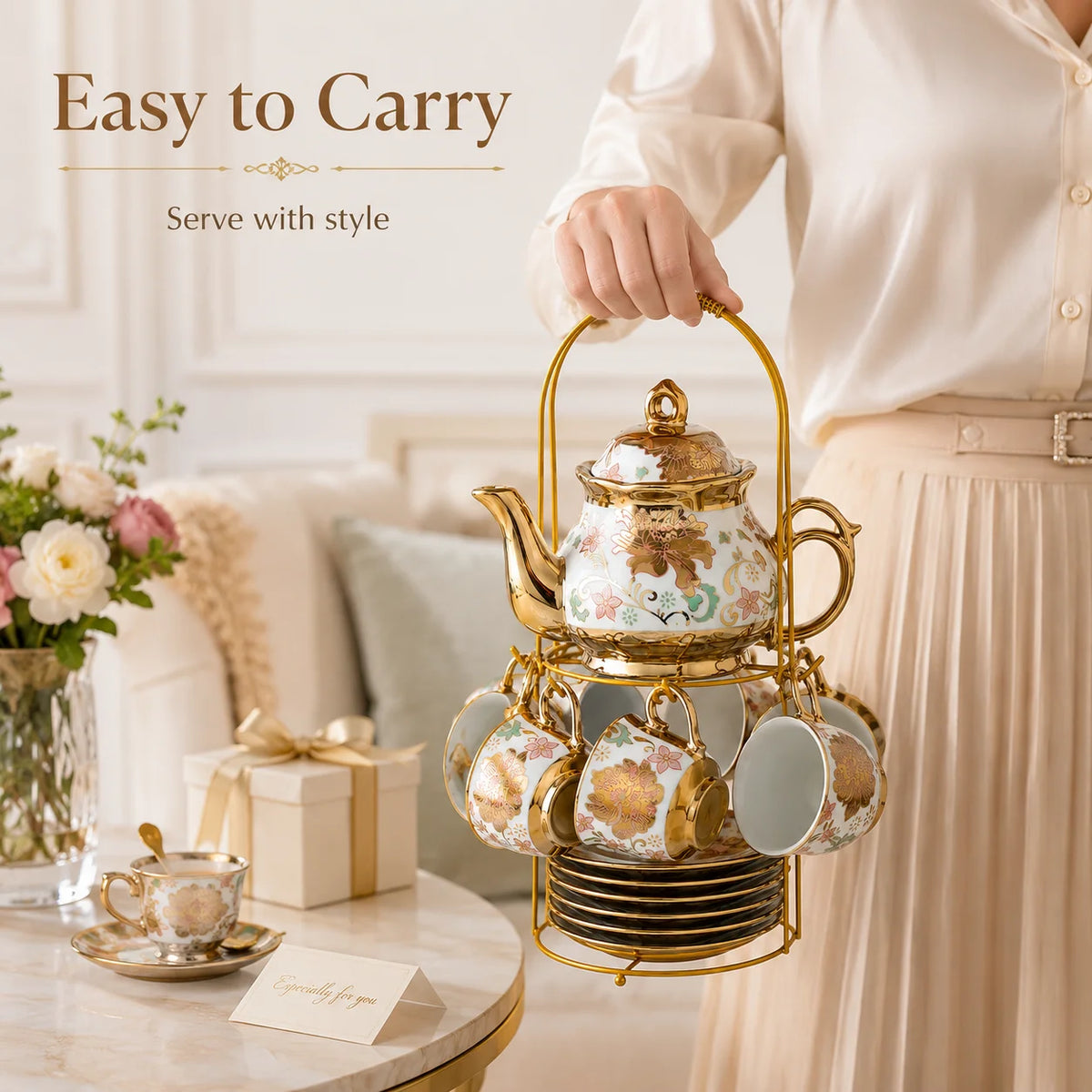 20-Piece Floral Gold Ceramic Tea Set