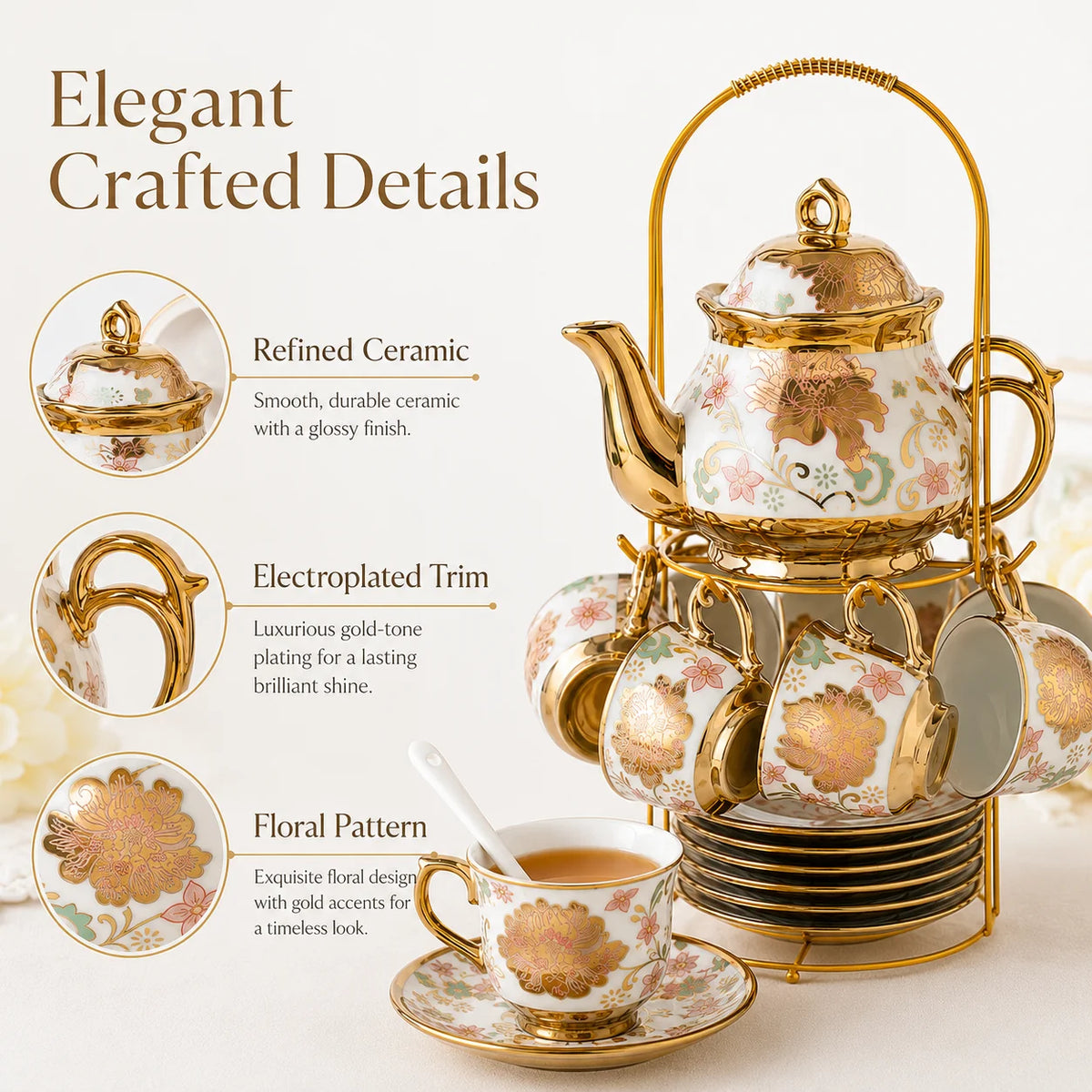 20-Piece Floral Gold Ceramic Tea Set