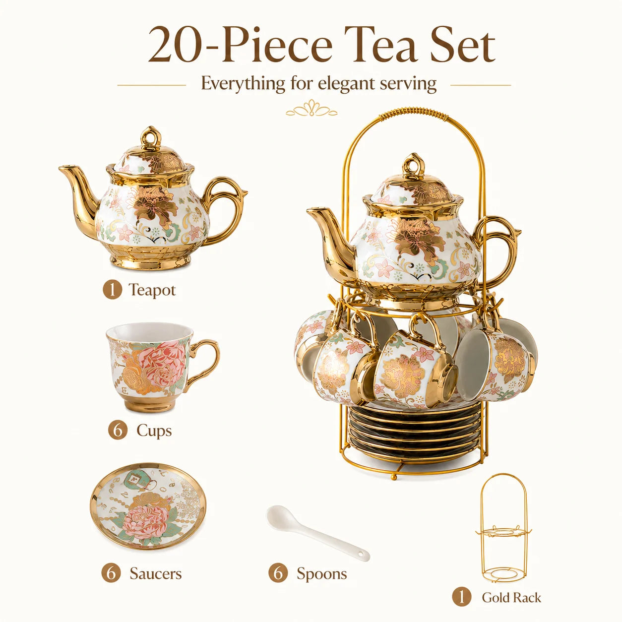 20-Piece Floral Gold Ceramic Tea Set